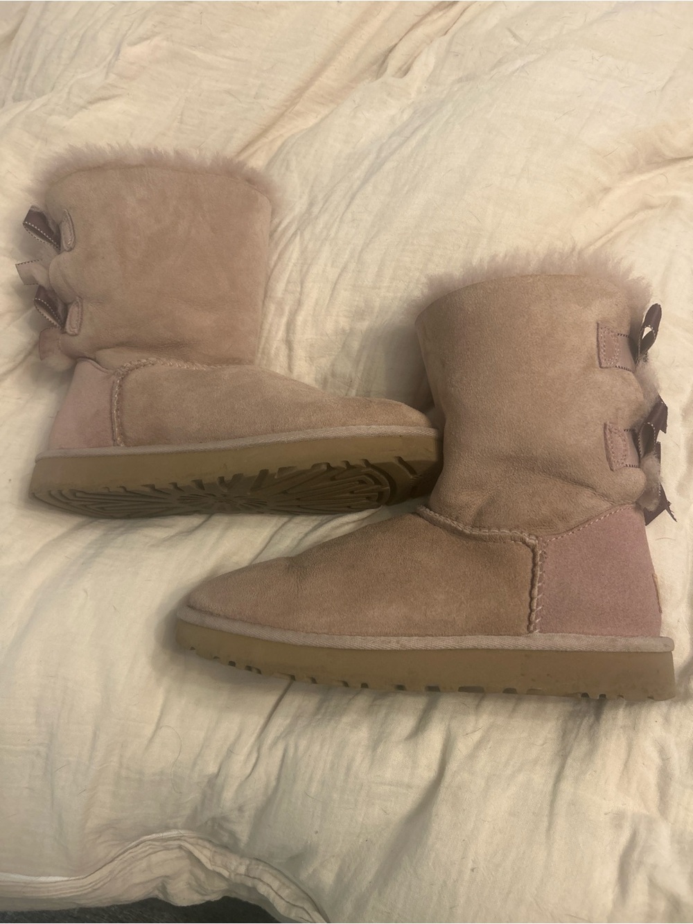 UGG Pink Suede Boots with Purple Ribbon Bows